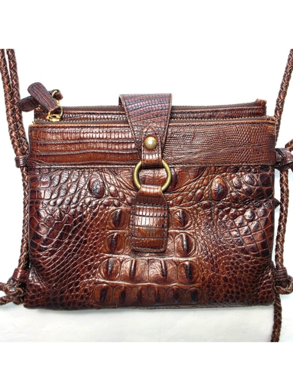 Brahmin Brown Croc Embossed Leather Crossbody Organizer Bag Braided Strap